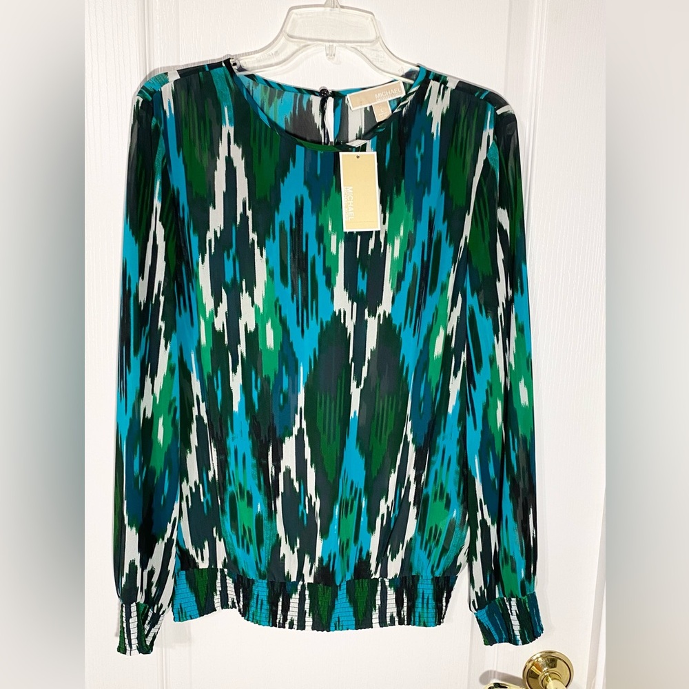 NWT Michael Kors Ikat Print Smocked Long Sleeve Blouse Blue Green Large